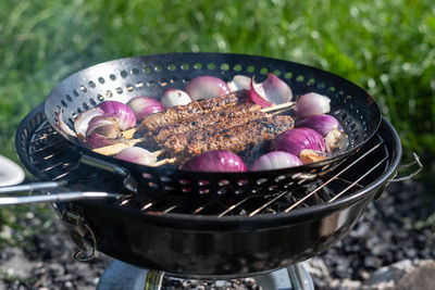 Close-up of strawberries on barbecue grill