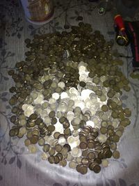 High angle view of coins on floor