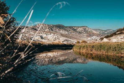 Scenic view of lake against blue sky