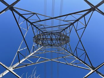 Low angle view of electricity pylon against clear sky