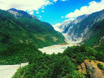 Scenic view of river amidst mountains against sky