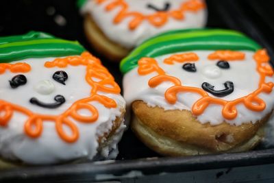 Close-up of cookies in container on st patrick day