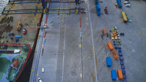 High angle view of port with cranes