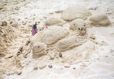 High angle view of toy on beach