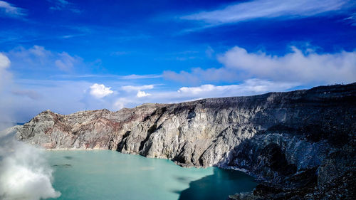 Panoramic view of ijen crater and blue sky