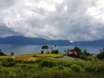 Scenic view of field with mountains in background