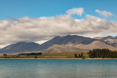 Scenic view of lake and mountains against sky