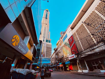 Low angle view of modern buildings against clear sky