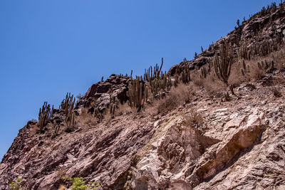 Low angle view of rock formations against clear blue sky