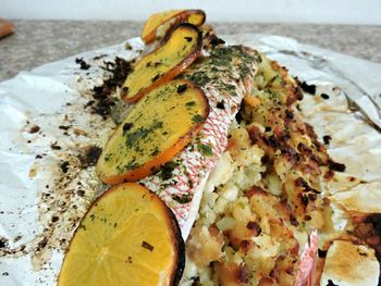 Close-up of red snapper stuffed with lobster