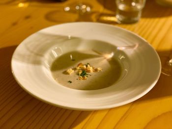 High angle view of soup in bowl on table