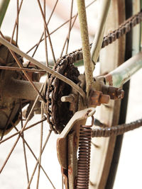 Close-up of old rusty metallic chain on bicycle
