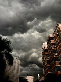 Low angle view of buildings against cloudy sky