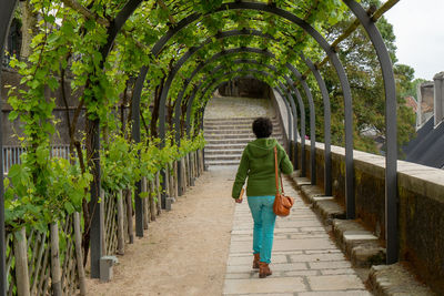 Rear view of woman walking on footpath