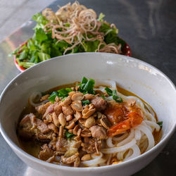 High angle view of meal served in bowl on table