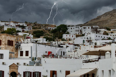 Buildings in city against cloudy sky