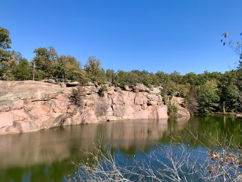 Scenic view of lake against clear blue sky