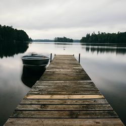 Wooden pier on lake against sky