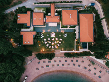 High angle view of illuminated building