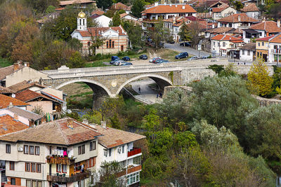 High angle view of buildings in town