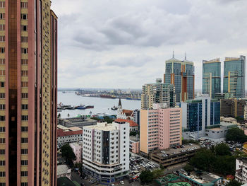 High angle view of buildings in city against sky
