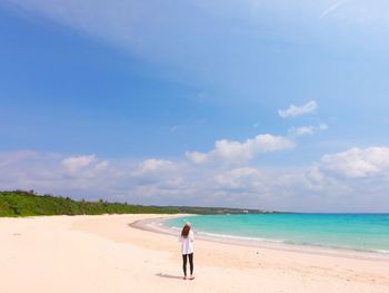 Rear view of woman on beach against sky