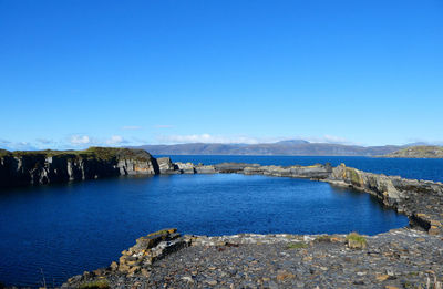 Scenic view of sea against clear blue sky