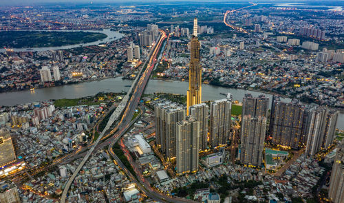 High angle view of buildings in city