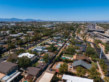 High angle view of townscape against clear sky