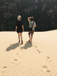 Rear view of friends walking on sand