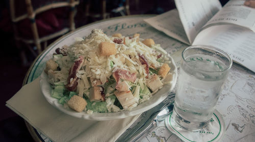 High angle view of food served on table