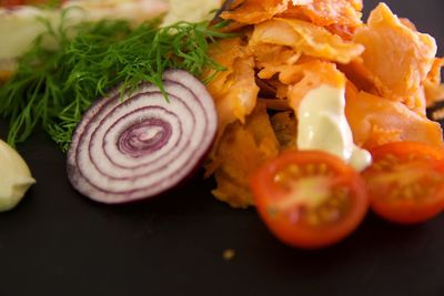 High angle view of fruits in plate