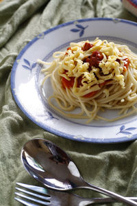 Close-up of noodles served in plate