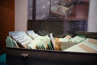 High angle view of books on table