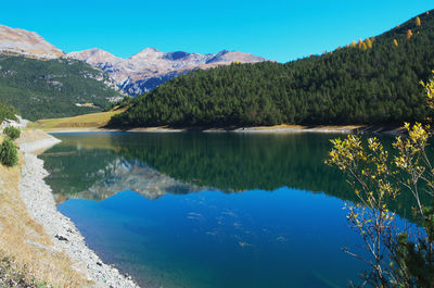 Scenic view of lake and mountains against blue sky