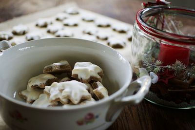 High angle view of star shaped cookies in bowl