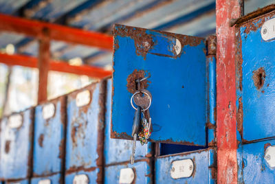 Close-up of rusty lockers