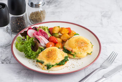 High angle view of breakfast served on table