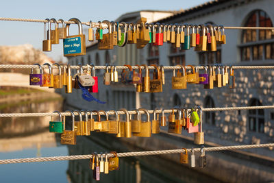 Padlocks hanging on railing by bridge