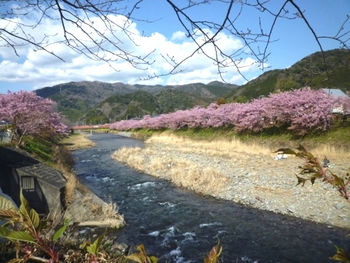 Scenic view of river by mountains against sky