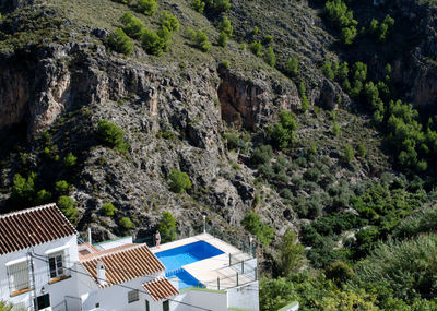 High angle view of buildings and mountains