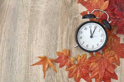 Close-up of orange maple leaves on wooden wall