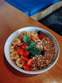 High angle view of breakfast served on table