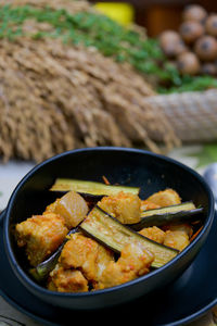 High angle view of food in bowl on table