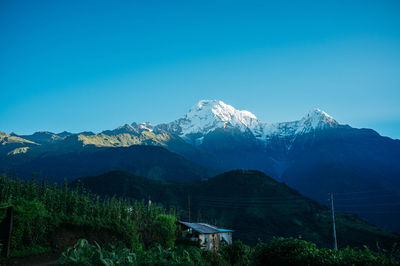 Scenic view of snowcapped mountains against clear blue sky