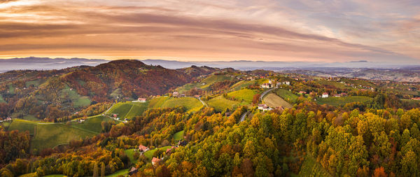 Aerial panorama of vineyard on an austrian countryside in kitzeck with a church in the background