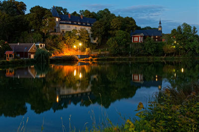 Reflection of trees and buildings on lake