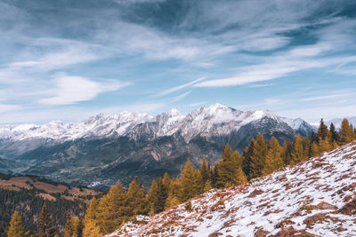 Scenic view of snowcapped mountains against sky