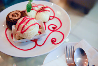 High angle view of dessert in plate on table