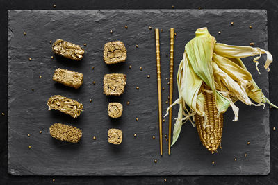 High angle view of bread on cutting board